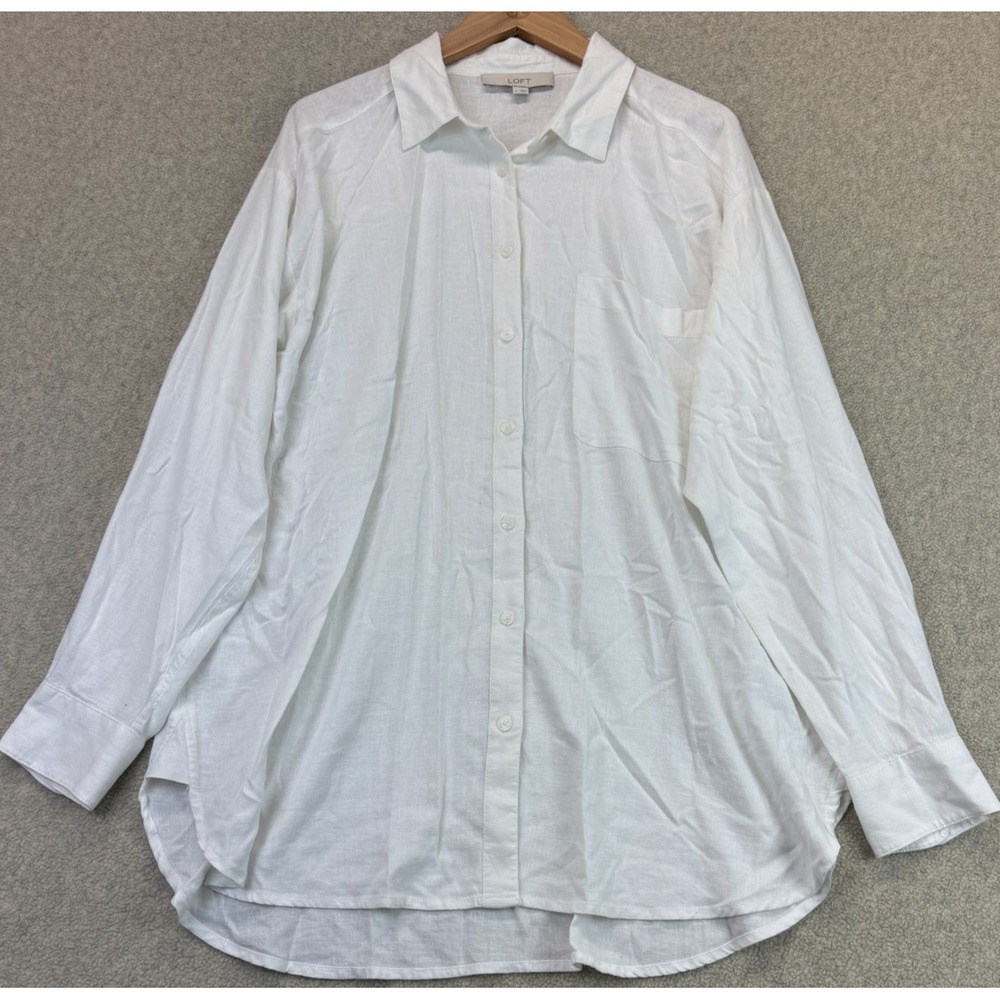 Loft Womens Button Up Shirt White Linen Blend Oversized Pocket Everyday Wear L
